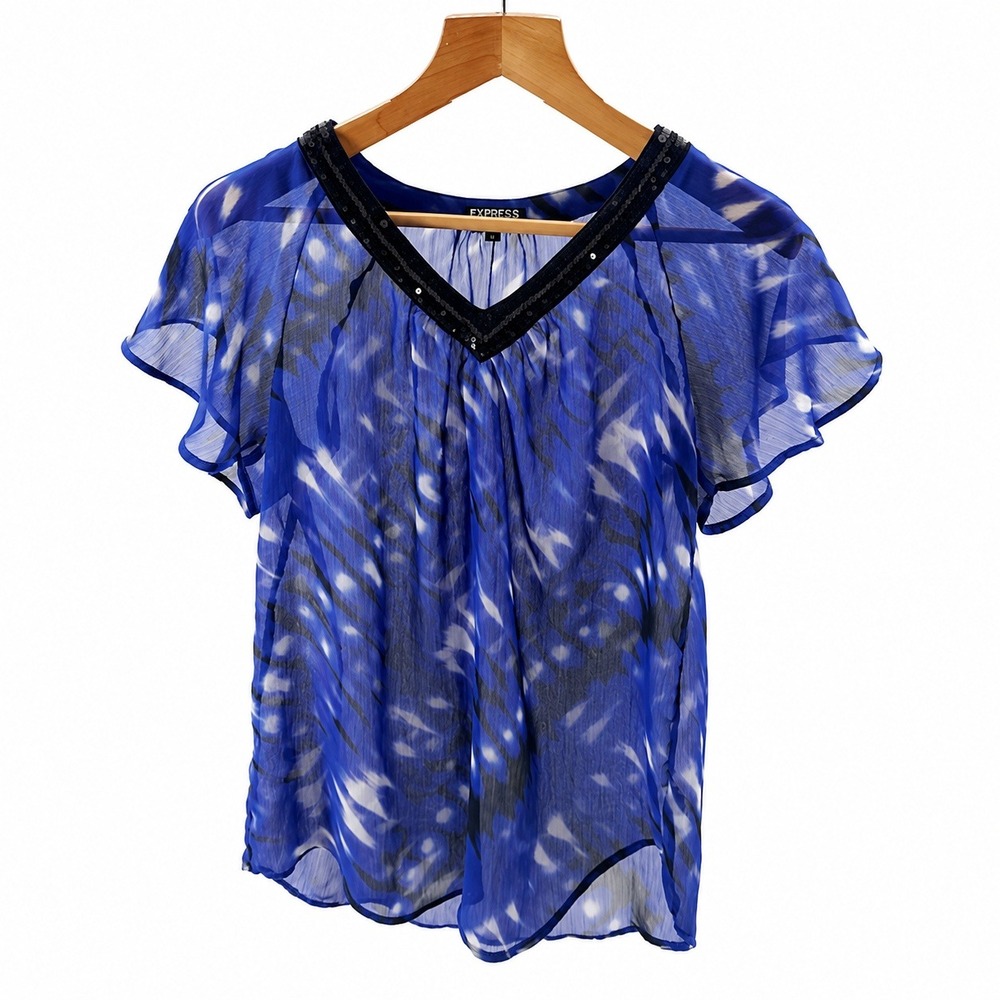 Express Womens Blue Abstract Chiffon V-Neck Sequin Trim Flutter Sleeve Blouse M